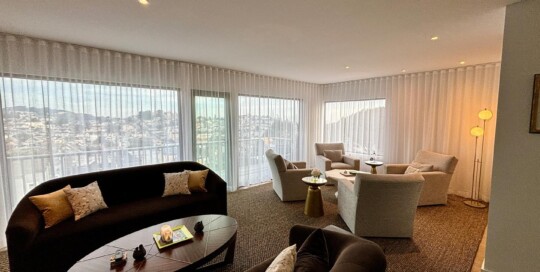 Living Room with Brown Couch and Grey Chairs